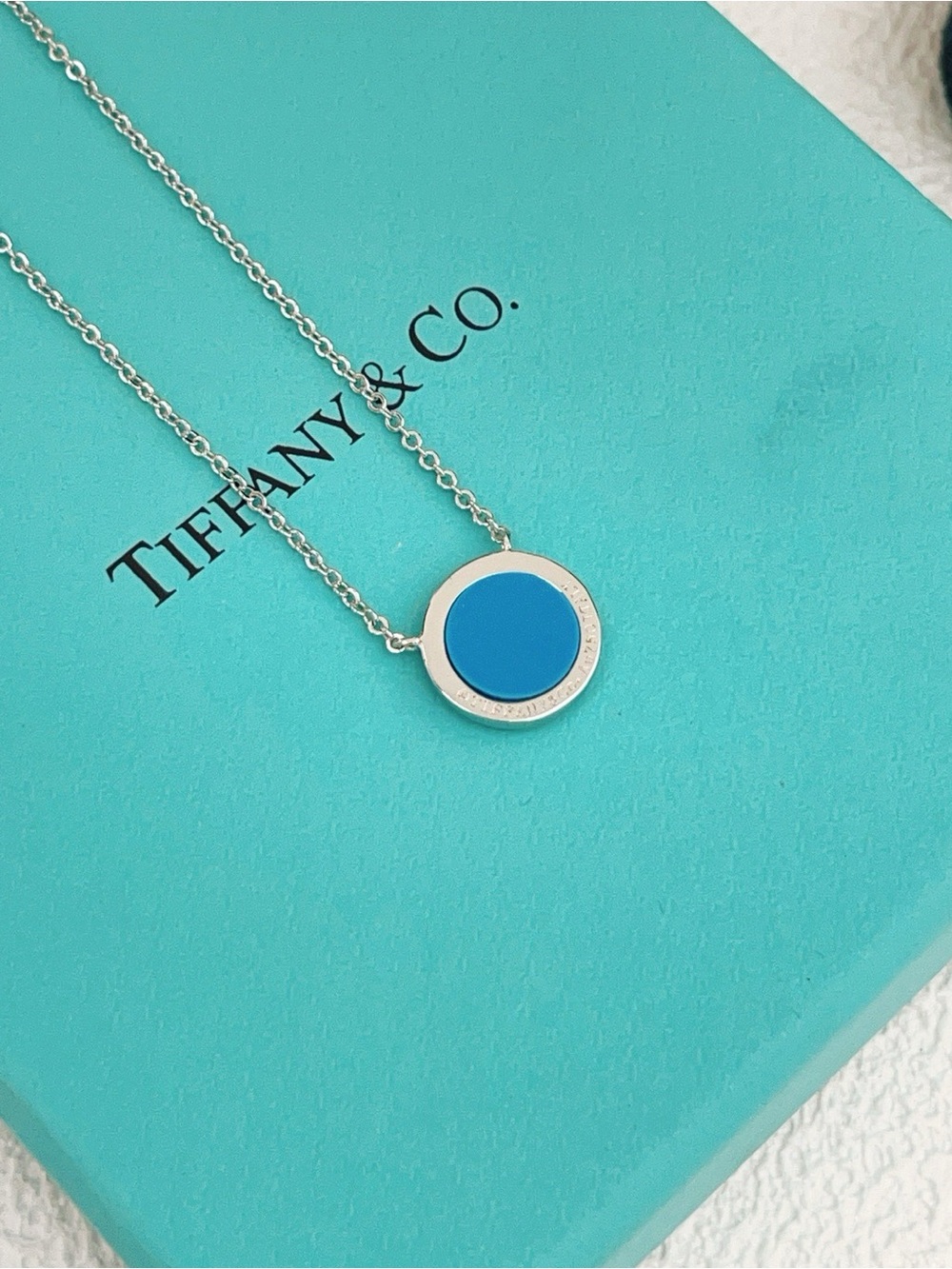 Tiffany & Co. Sterling Silver Necklace with Bright Blue Enamel Disc